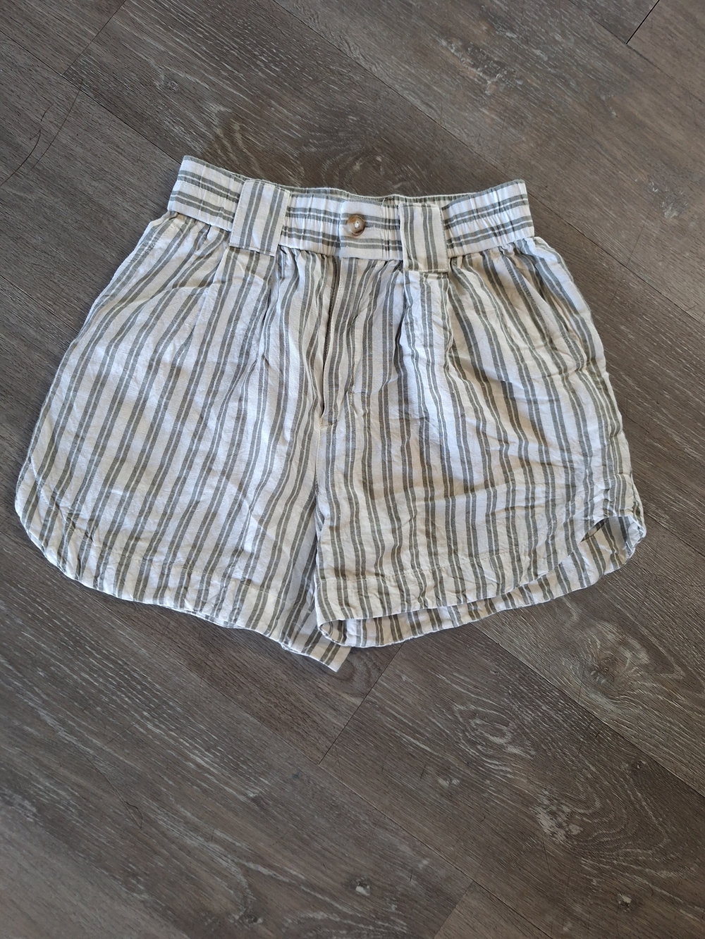 Madewell Green and White Striped Linen Blend High-Waist Shorts